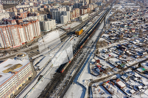 Image of Train between old and new districts of Tyumen city