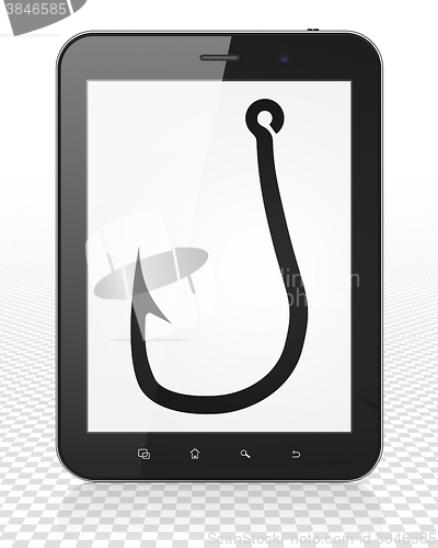 Image of Privacy concept: Tablet Pc Computer with Fishing Hook on display