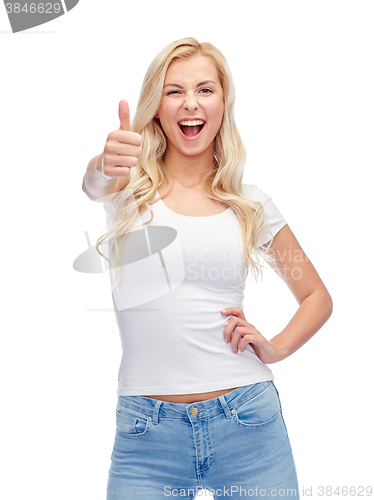 Image of happy young woman or teenage girl in white t-shirt