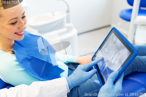 Image of dentist with teeth x-ray on tablet pc and woman