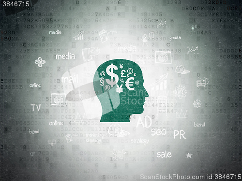 Image of Marketing concept: Head With Finance Symbol on Digital Paper background