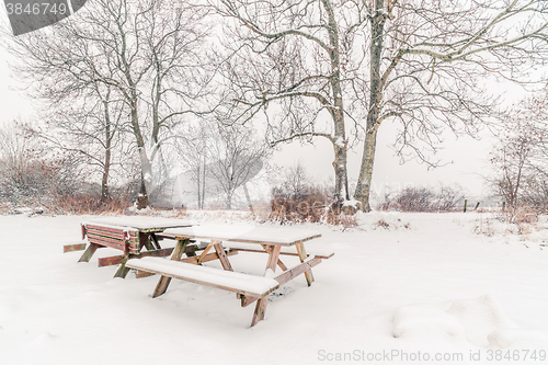 Image of Benches in the snow at wintertime