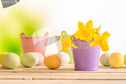 Image of Easter eggs and flowerpots with daffodils