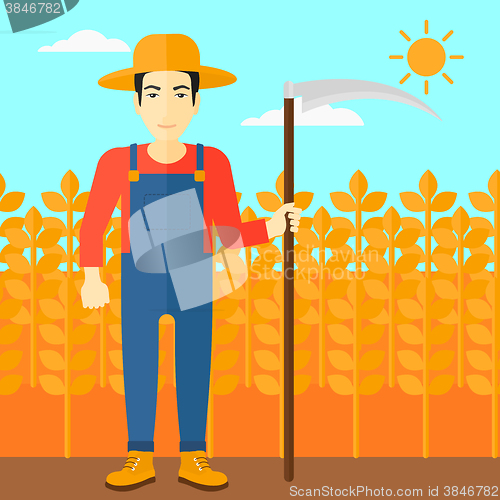 Image of Farmer on the field with scythe.
