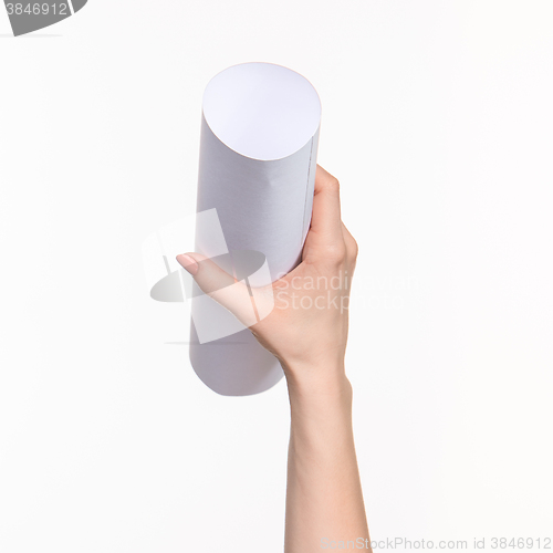 Image of The cylinder female hands on white background