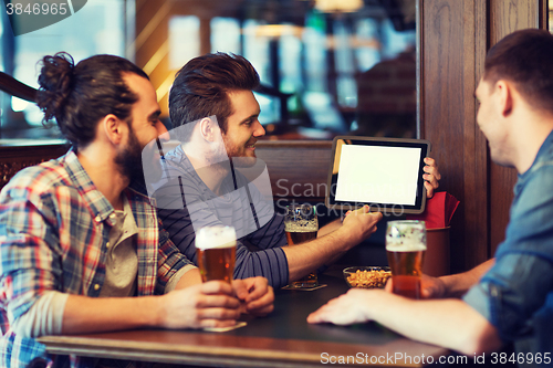 Image of male friends with tablet pc drinking beer at bar