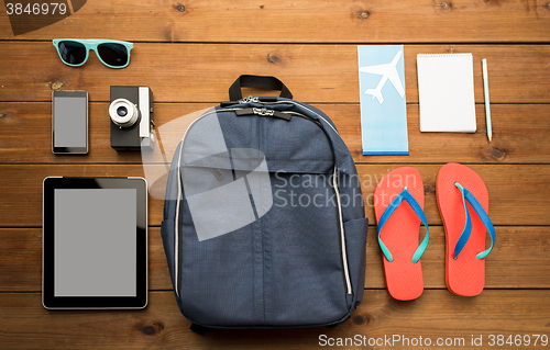 Image of close up of smartphone and travel stuff