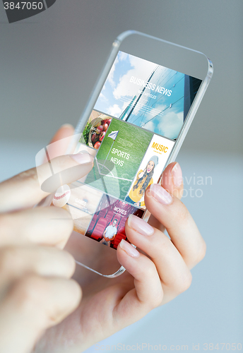 Image of close up of woman with news pages on smartphone