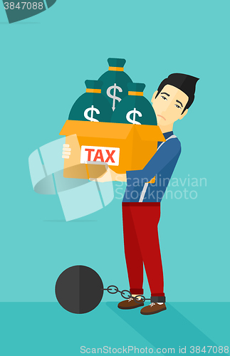 Image of Chained man with bags full of taxes. 