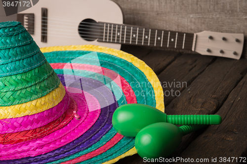 Image of Mexican sombrero on wood background