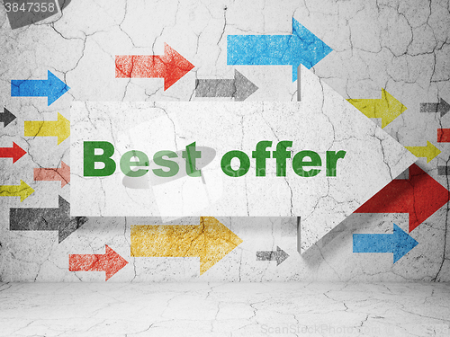 Image of Advertising concept: arrow with Best Offer on grunge wall background