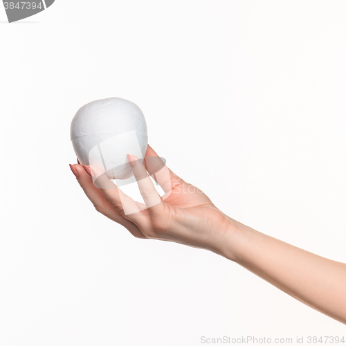 Image of The female hand holding white blank styrofoam oval 