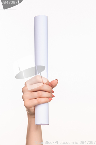 Image of The cylinder female hands on white background