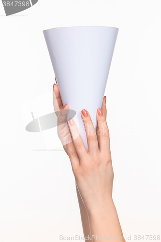 Image of The cone in female hands on white background