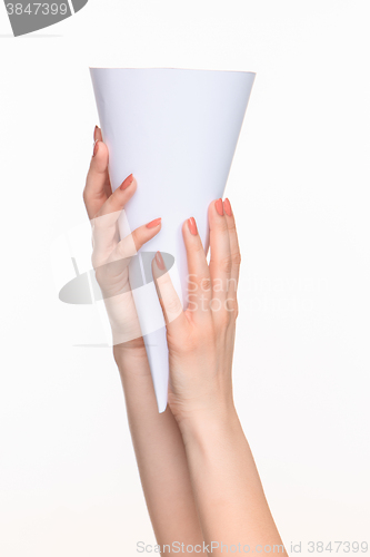 Image of The white cone in the  female hands on white background