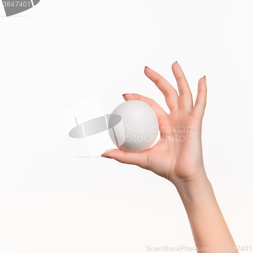 Image of The female hand holding white blank styrofoam ball 