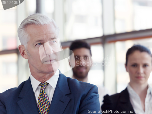 Image of portrait of senior businessman as leader  with staff in backgrou