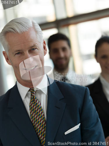 Image of portrait of senior businessman as leader  with staff in backgrou