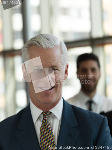 Image of portrait of senior businessman as leader  with staff in backgrou