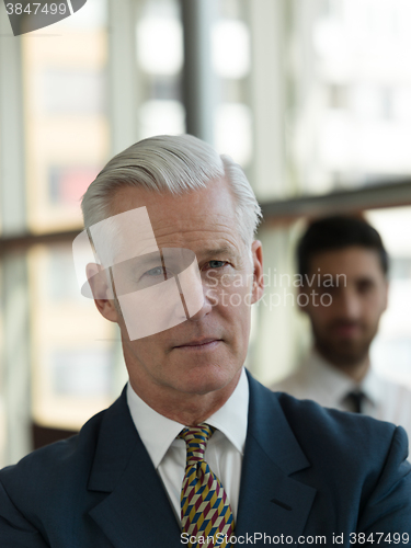 Image of portrait of senior businessman as leader  with staff in backgrou