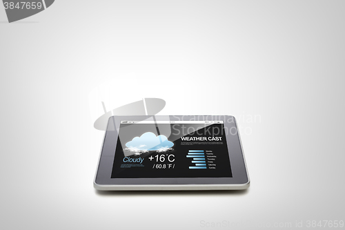 Image of close up of tablet pc computer with weather cast