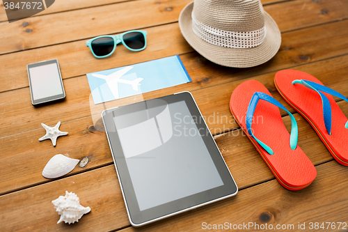 Image of close up of tablet pc and travel stuff