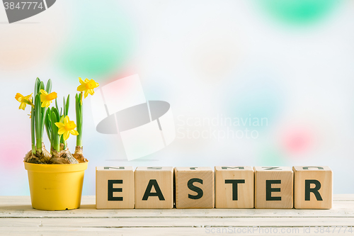 Image of Daffodils on a table with the word easter