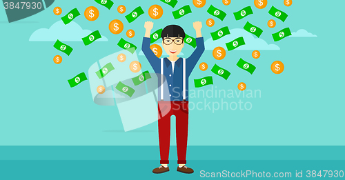 Image of Happy man with  flying money. 
