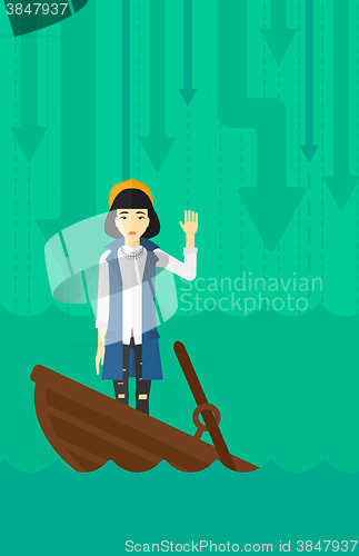 Image of Business woman standing in sinking boat.