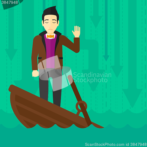 Image of Businessman standing in sinking boat.