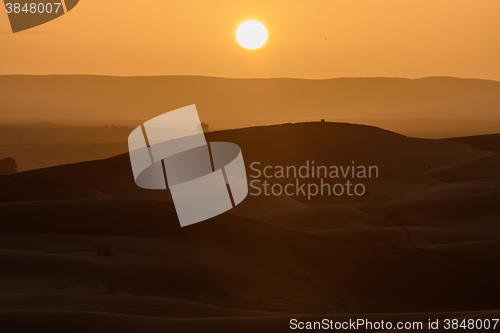 Image of Sunset over the dunes, Morocco, Sahara Desert