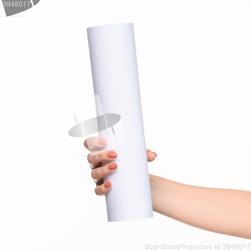 Image of The cylinder female hands on white background