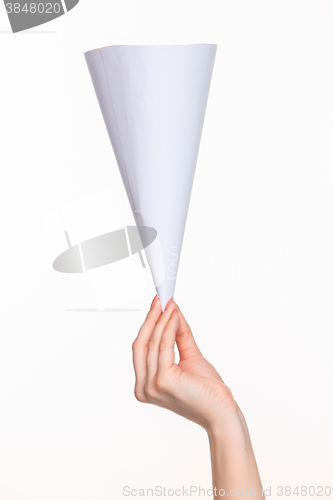 Image of The cone in female hands on white background