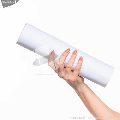 Image of The cylinder female hands on white background