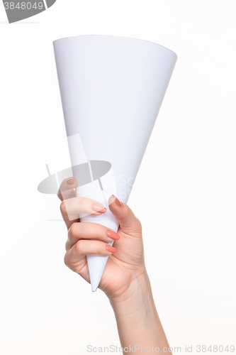 Image of The cone in female hands on white background