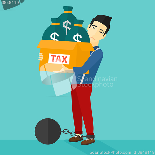 Image of Chained man with bags full of taxes. 