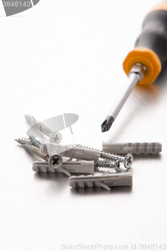 Image of Screwdriver, screws and plastic dowels