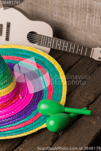 Image of Mexican sombrero on wood background