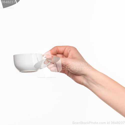 Image of Woman hand with cup on white background