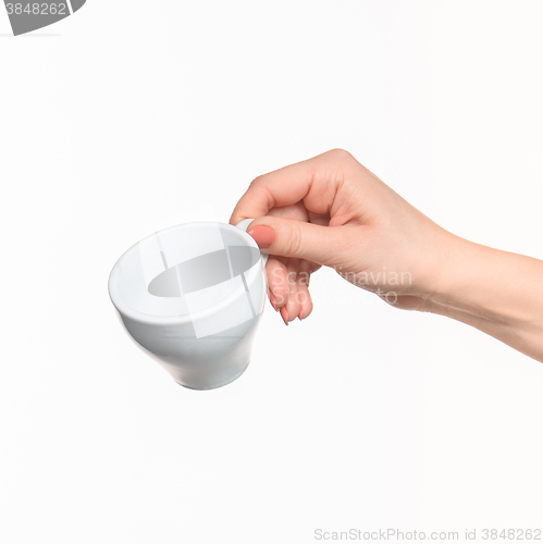 Image of Woman hand with cup on white background