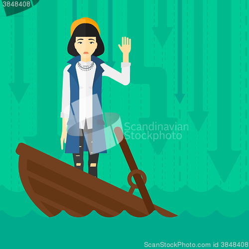 Image of Business woman standing in sinking boat.