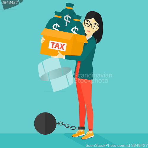 Image of Chained woman with bags full of taxes. 
