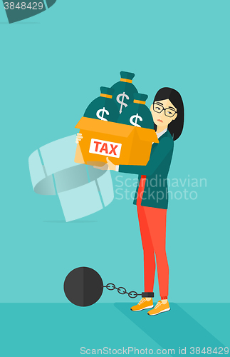 Image of Chained woman with bags full of taxes. 