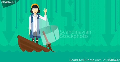 Image of Business woman standing in sinking boat.