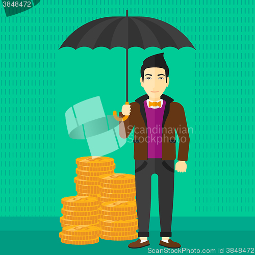 Image of Man with umbrella protecting money.