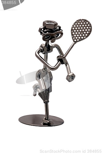 Image of The iron person with a tennis racket.