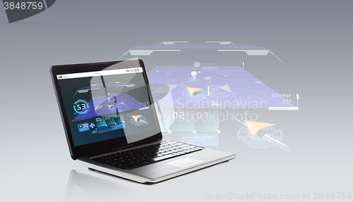 Image of laptop computer with gps navigator map on screen