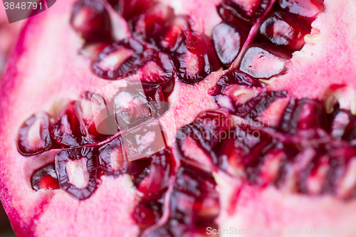 Image of close up of ripe pomegranate cut with seeds