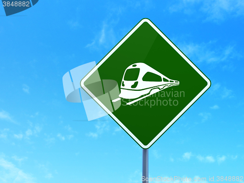 Image of Travel concept: Train on road sign background