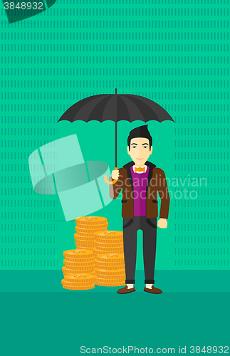 Image of Man with umbrella protecting money.